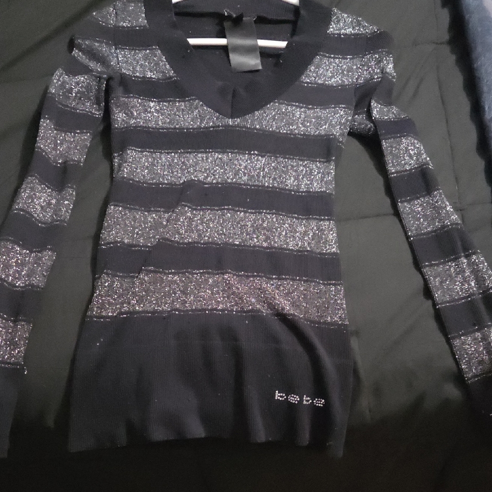 Bebe Glittery Black and Silver Knit Top